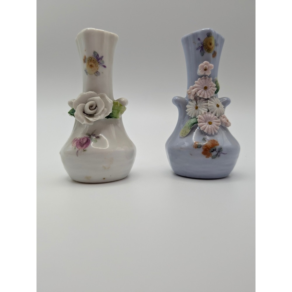 Vintage Germany Miniature‎ Porcelain Bud Vases Set Applied 3D Flowers White Blue